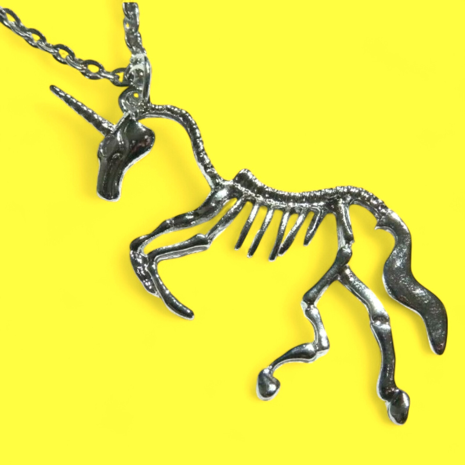 UNICORN SKELETON PENDANT NECKLACE silver-tone horse chain skull gothic punk P6