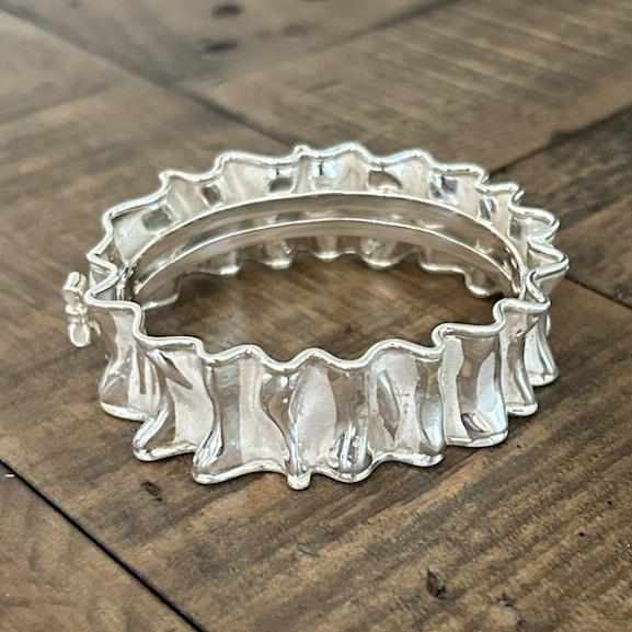 Thistle & Bee Signed Silver Tone Textured Wavy Metal Cuff Bangle Bracelet