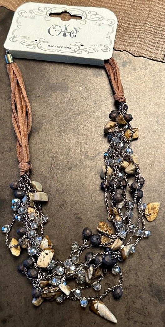 OLE BROWN BEADED LEATHER MULTI STRAND 19″ NECKLACE