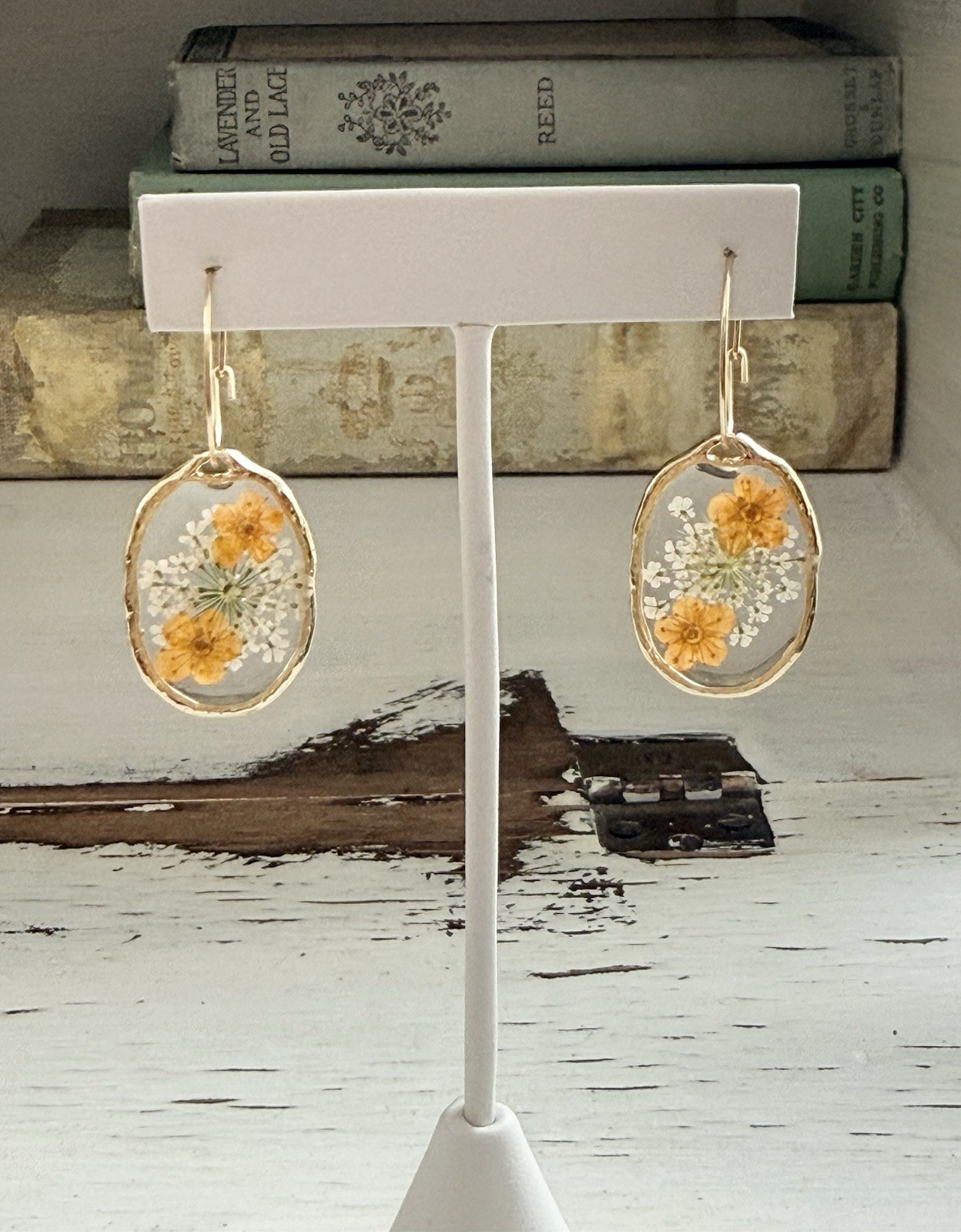 Orange Real Pressed Flower Hoop Earrings Gold 304 Stainless Steel Women’s New