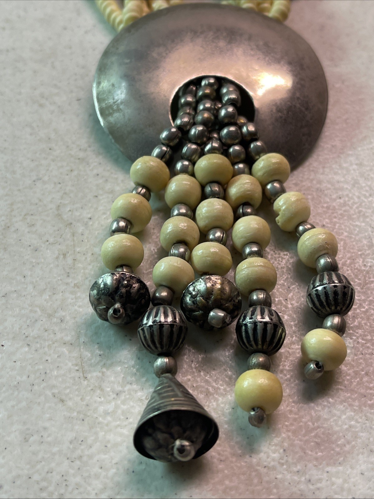 Multi Strand Cream/Silver Bead 19.5” Necklace Round Disk Native American Looking