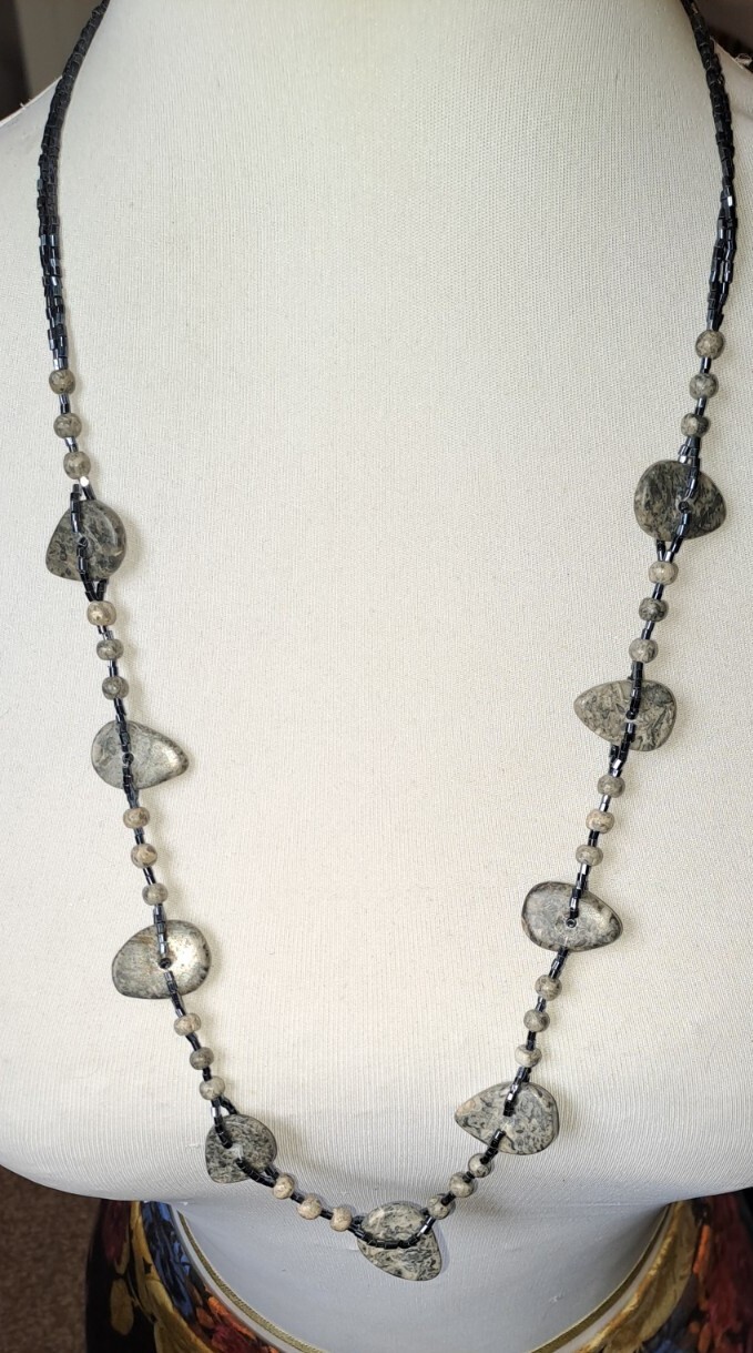 Healing VINTAGE Long Necklace Picasso Stone (Marble)/Seed Bead Lobster Clasp.