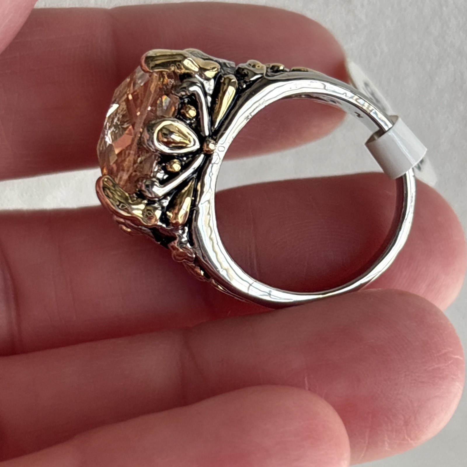 Inspirational Champagne Cushion Cut CZ Crystal Silver Gold Balinese Ring Size 7