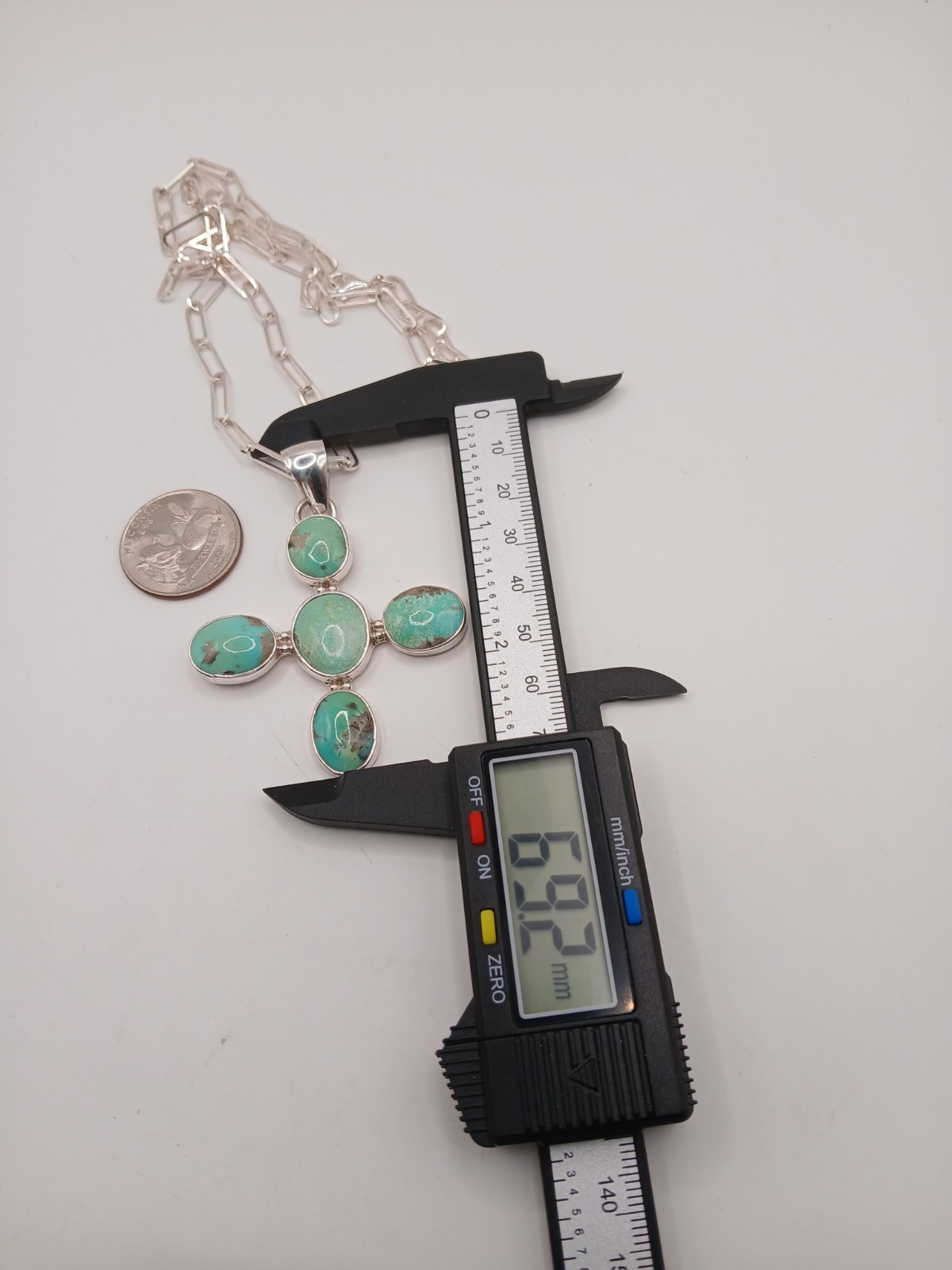 Sterling Silver 925 Paperclip Chain Natural Green Turquoise Cross Pendant 24in