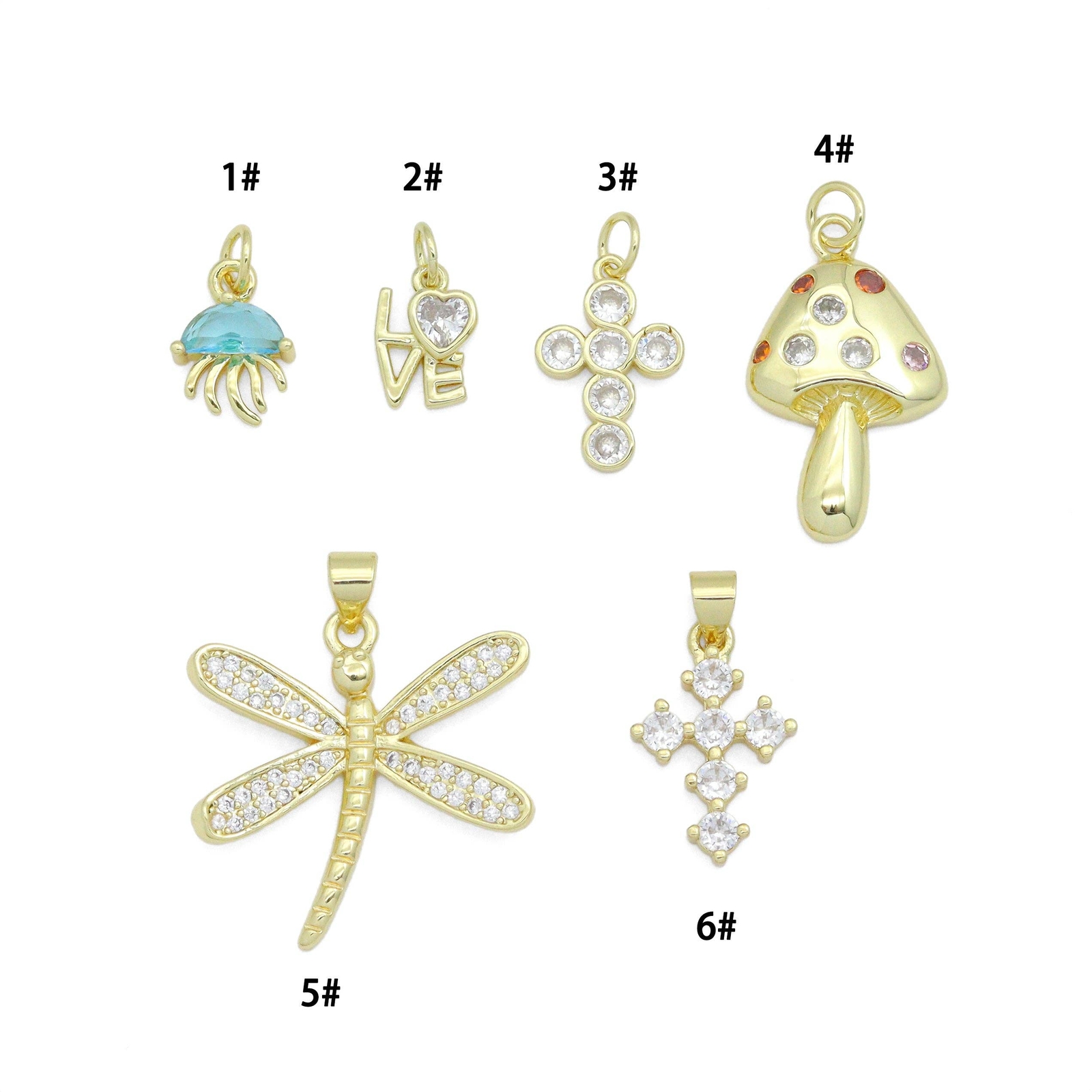 CZ Gold Love Cross Mushroom Jellyfish Dragonfly Charm Pendant,Sku#LD748