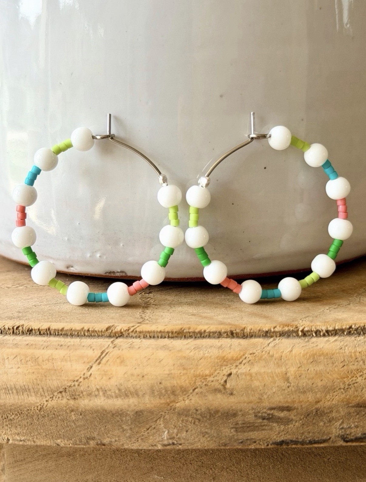 Confetti White Beaded Hoop Earrings