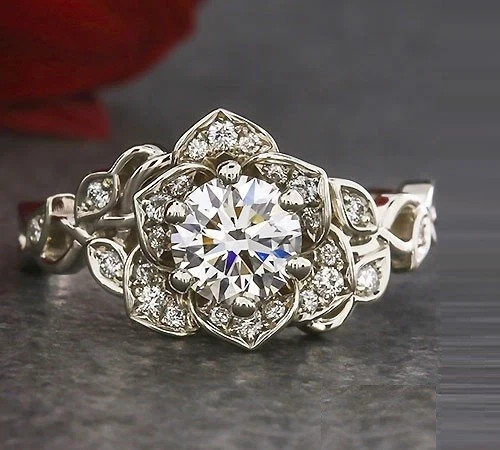 1.5ct Round Cut Simulated Diamond Flower Solitaire Ring 14k White Gold Plated