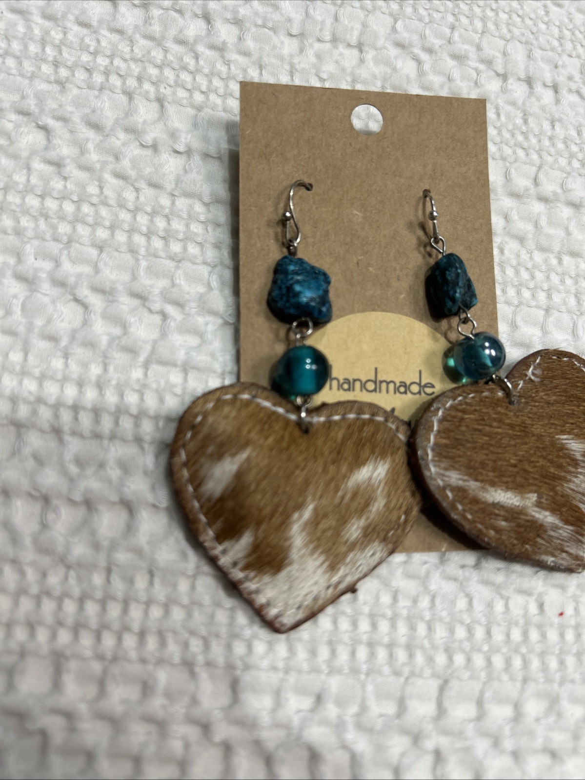 Faux Cowhide & Turquoise Dangle Earrings Handmade 2.5” Heart Nickle Free New