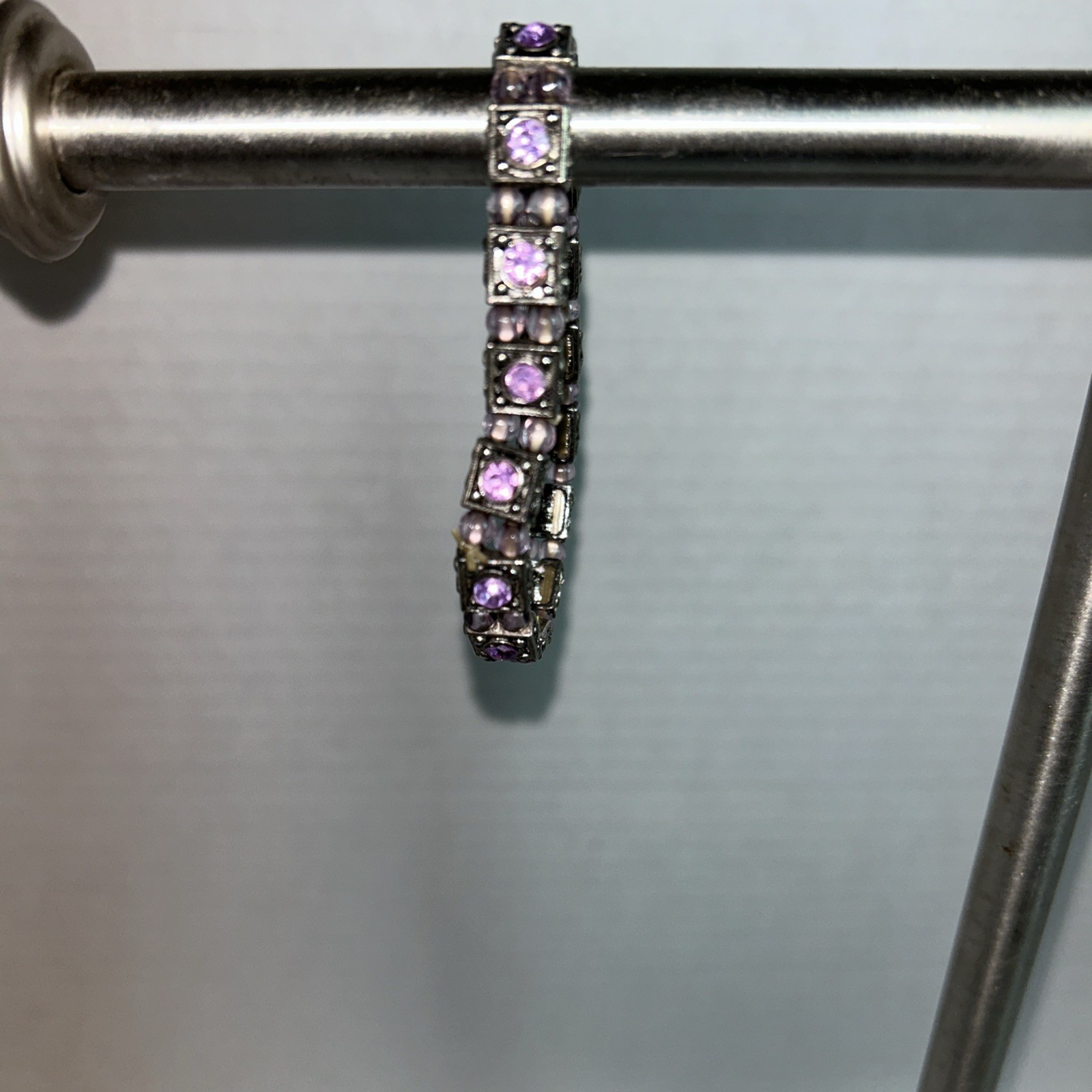 Stretch Bracelet Metal Alloy Silver Tone, Purpul Faux Stones, beads