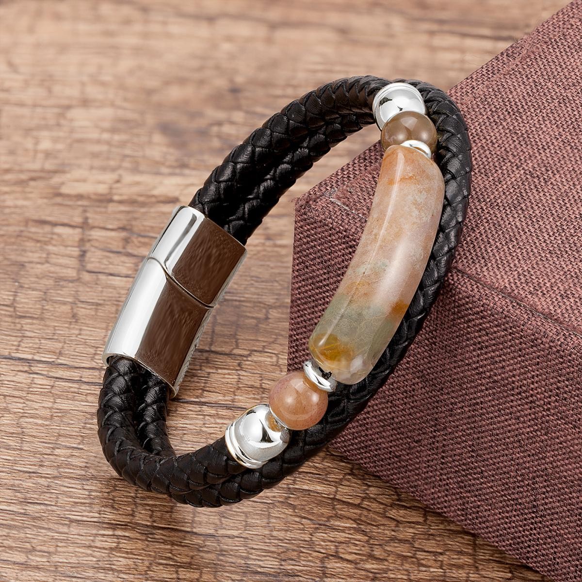 Men’s Multi-Layer Leather Bracelet with Natural Stone – Stainless Steel Clasp