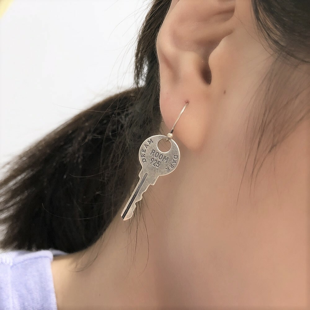 Antiqued Solid 925 Sterling Silver Door Key Drop Earrings Modern Unique Gothic