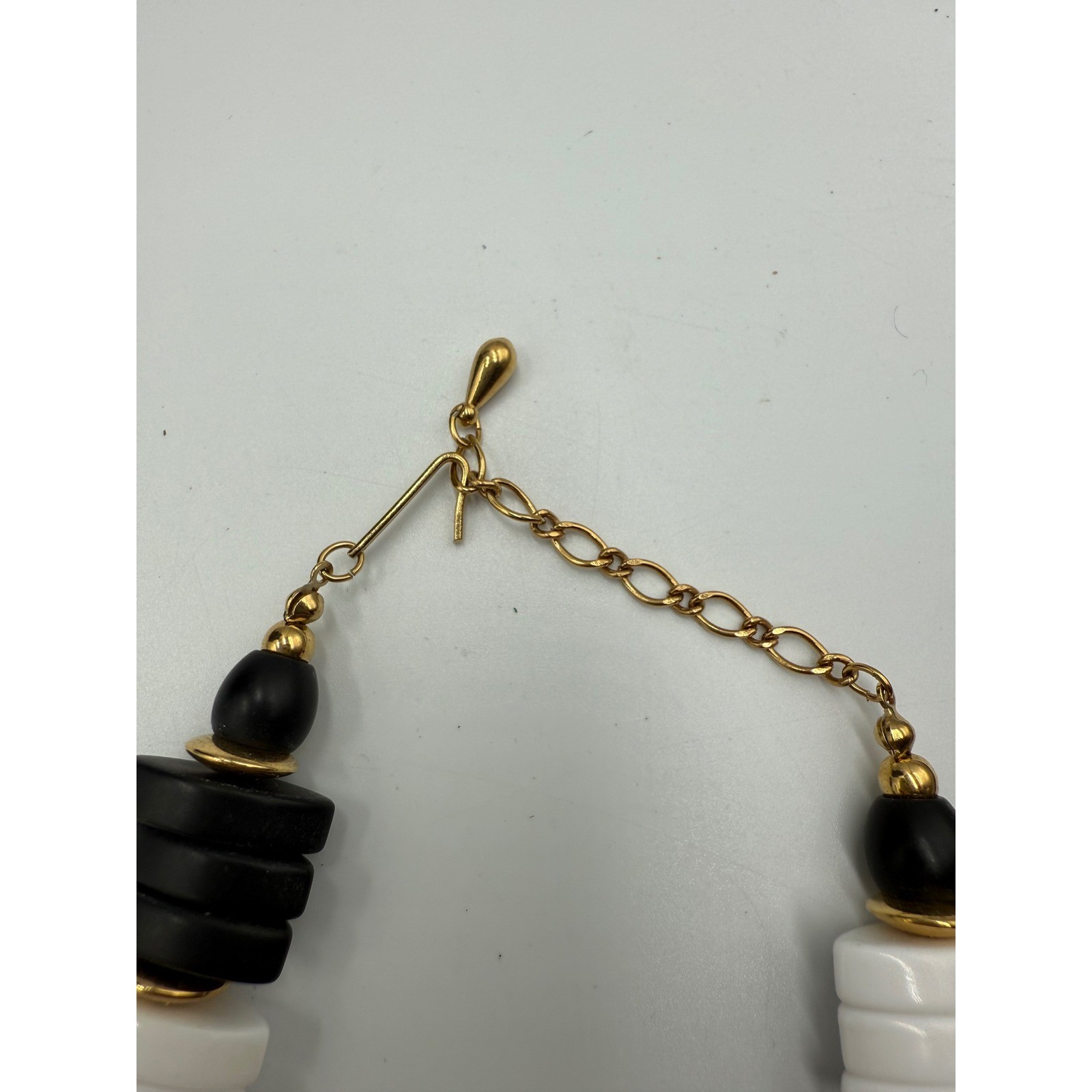 Vintage Black and White Chunky Bead Necklace Gold Tone Accents Retro Statement