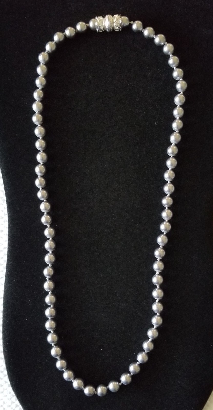 Nolan Miller Signed Faux Gray Knotted Pearls with Rhinestone Clasp Necklace