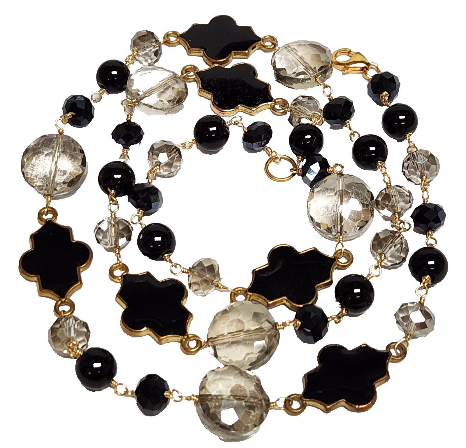 Gilt Sterling Silver Gray & Black Crystal Bead Quatrefoil Motif Necklace 27.5″