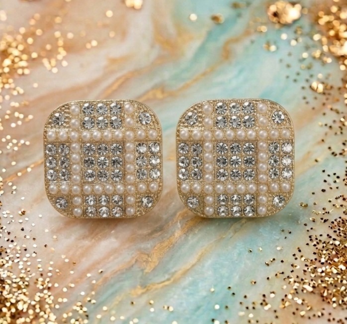 Gold Tone Square Stud Earrings Faux Pearl & Rhinestone Grid Pattern