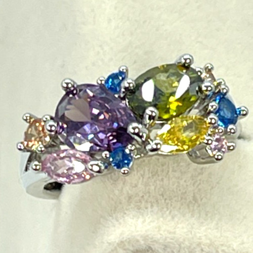 Ring Silver Tone Multicolor Cubic Zirconia Inlay Crystals Lush Prong Setting S6