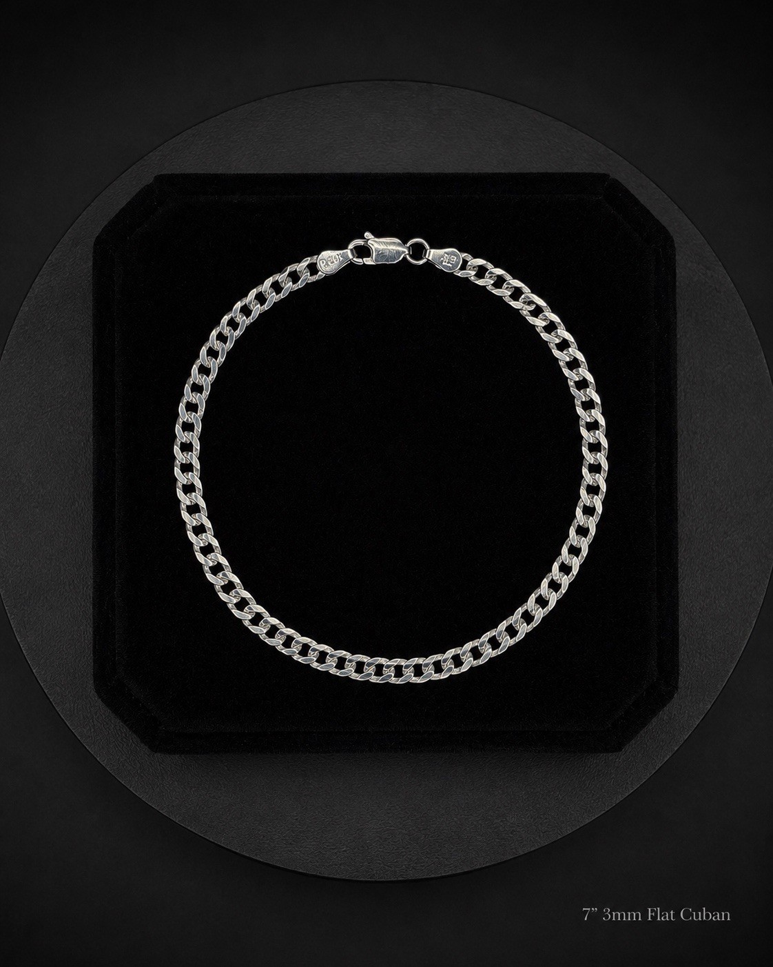 925 Silver 3mm Flat Cuban Link Chain Bracelet 7 in Lobster Clasp