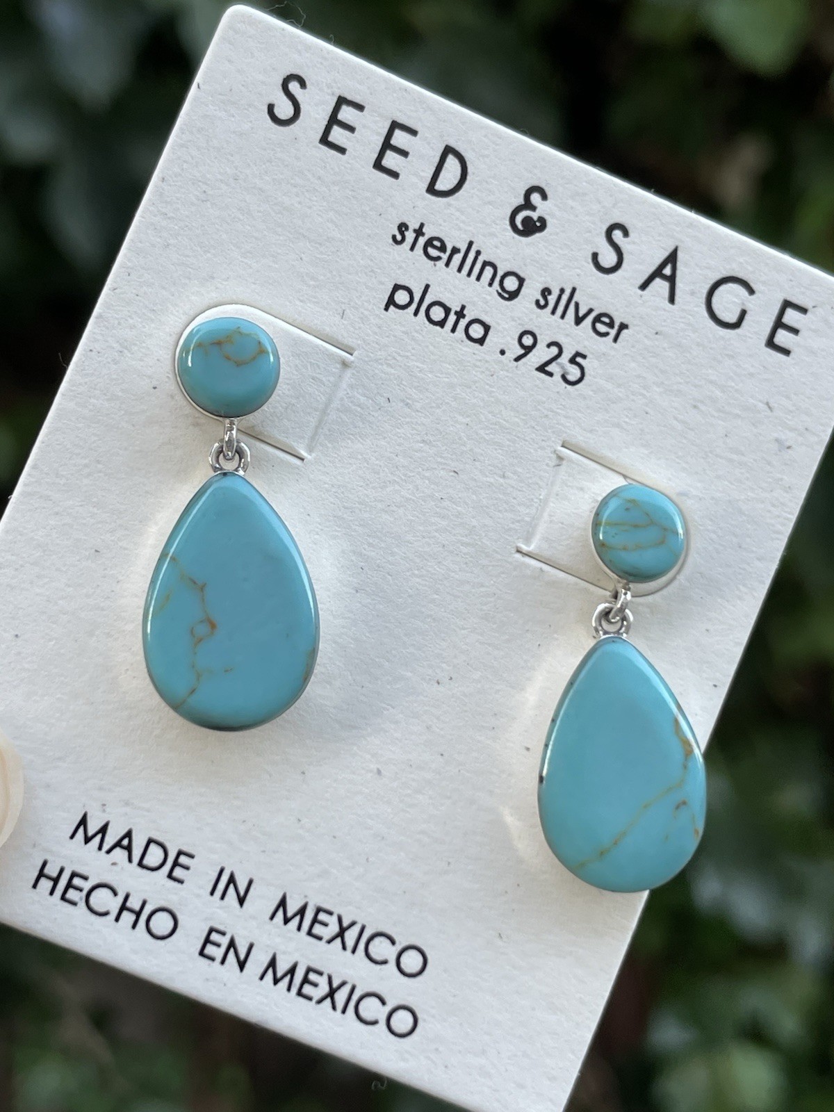 SEED & SAGE STERLING SILVER Turquoise Teardrop Stud EARRINGS MARKED .925 MEXICO