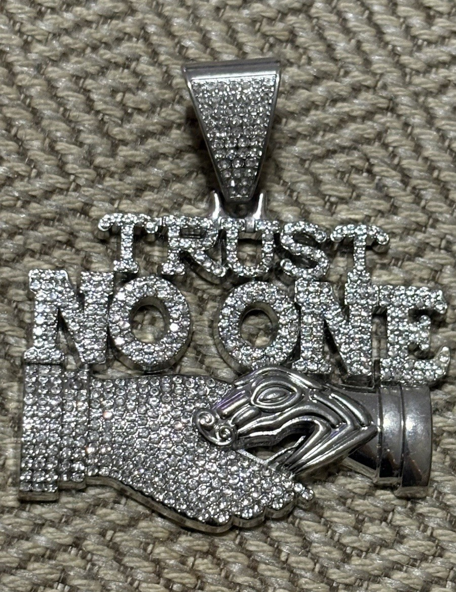 Silver Tone Pavé Rhinestone Hip Hop “TRUST NO ONE” Hand Pendant Charm