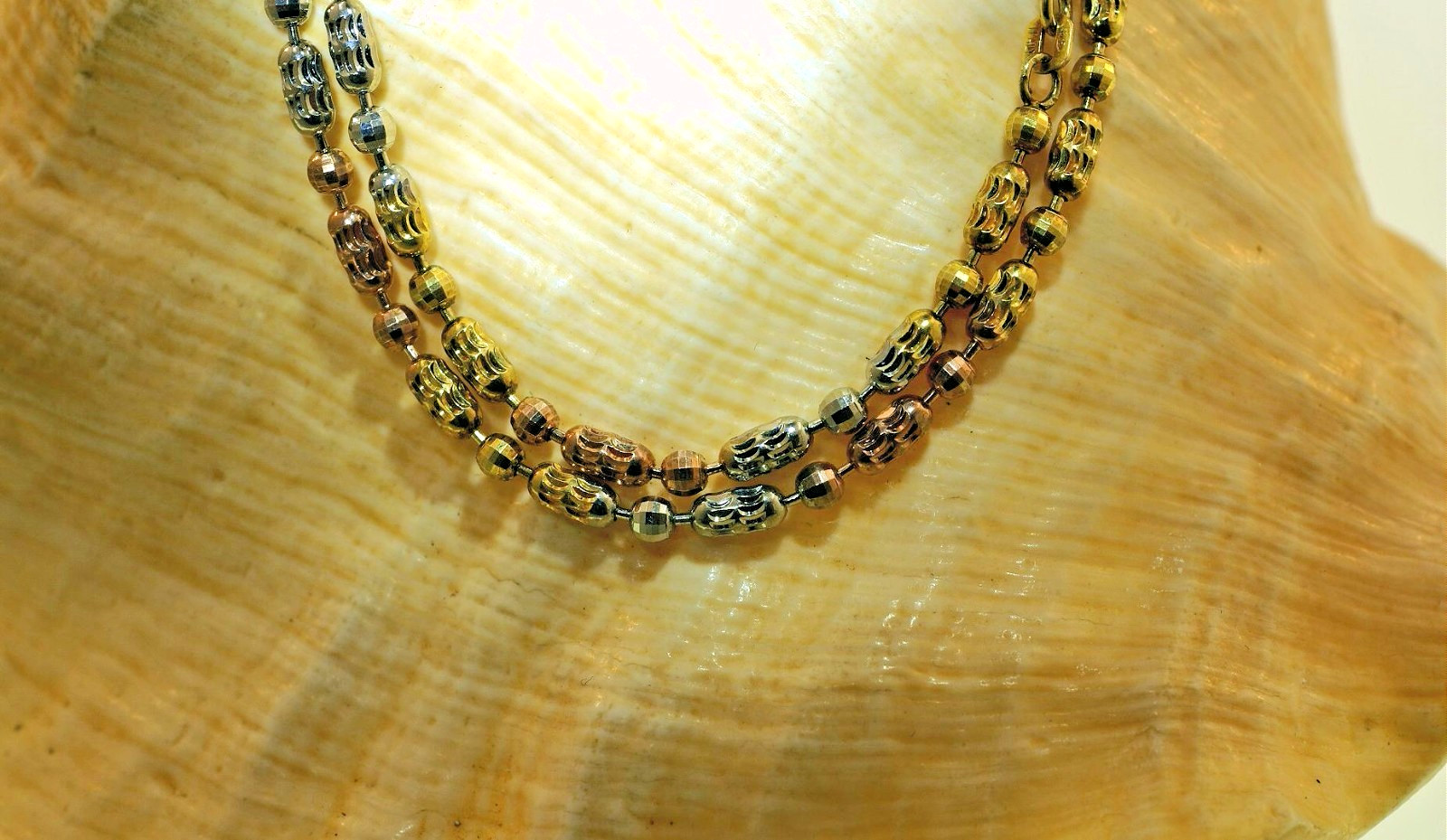CHOICE ITALIAN TRICOLOR GOLD-PLATED 925 SILVER DC OVAL BALL BEAD CHAIN NECKLACE