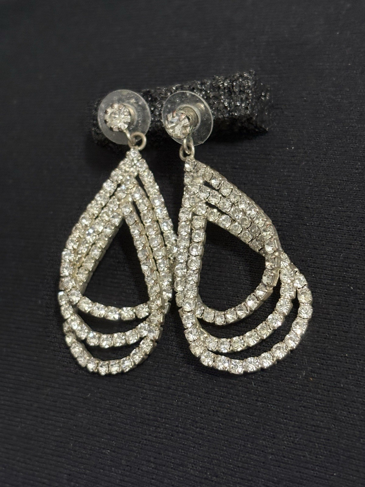 Vintage Rhinestone Teardrop Dangle Earrings Silver Tone Open Drop Statement