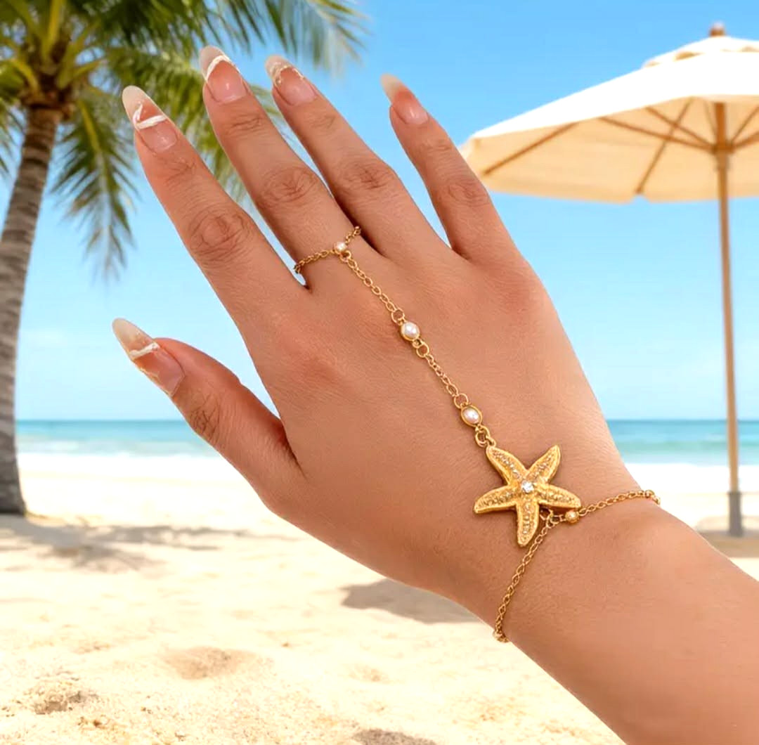 Starfish Chain Finger Bracelet Simulated Pearls Hand Chain Next Day Shipping