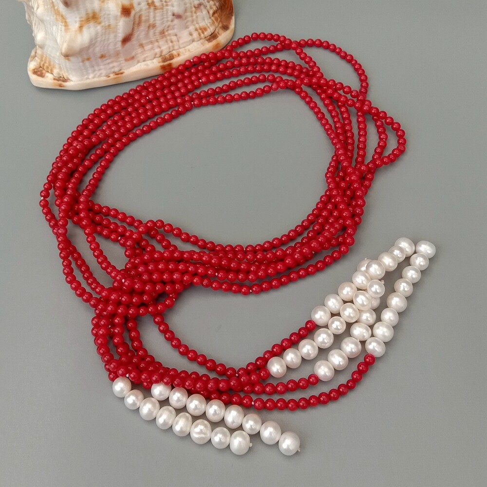 50″ 3 Rows Red Coral Cultured White Pearl Lariat Long Necklace