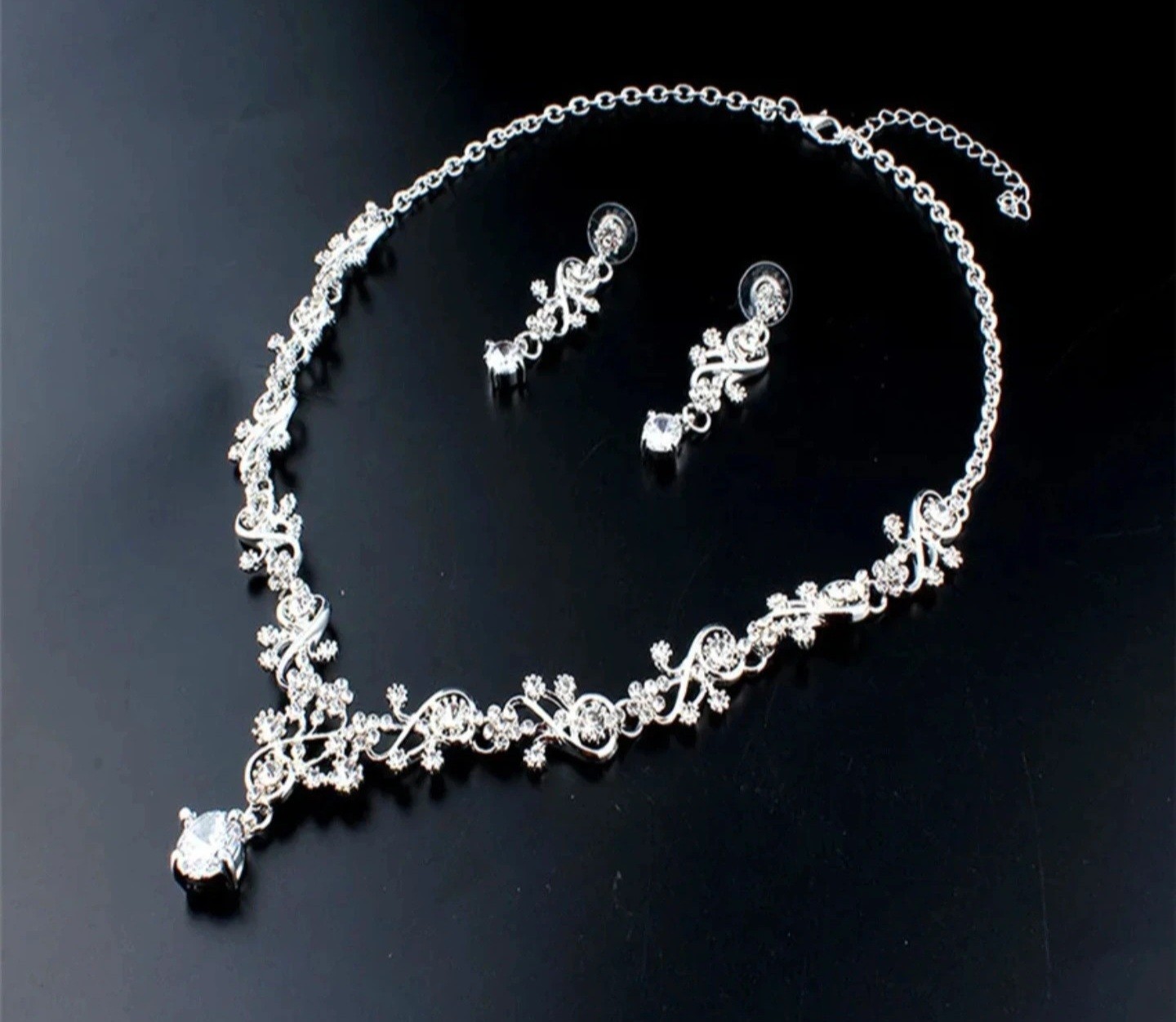 Silver Plated Clear Rhinestone Adjustable Necklace & Earrings Set
