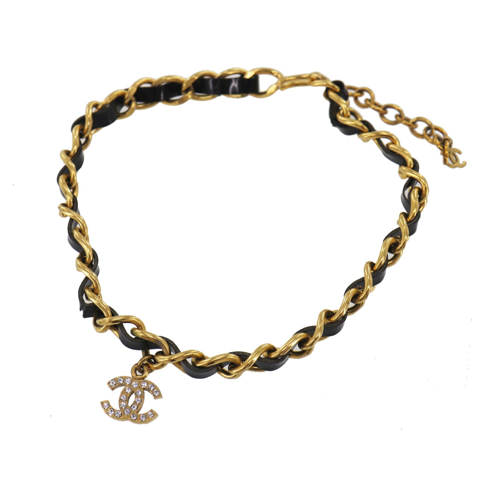 CHANEL Used CC Logos Rhinestone Choker Necklace Gold Black 96P Vintage #EC54 S