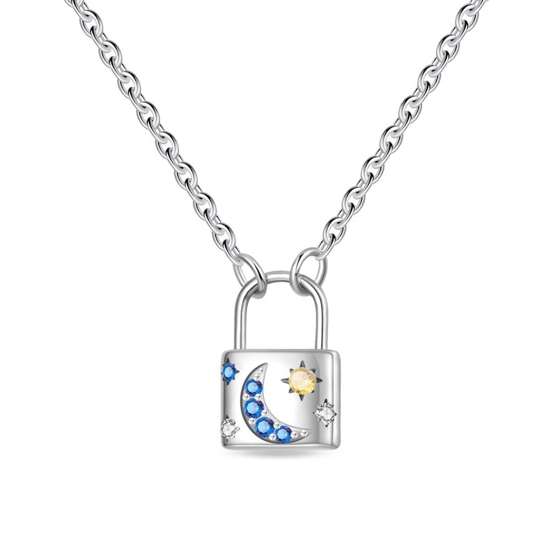 PANDACH 925 Sterling Silver Moon & Star Necklace Lock Pendant 18″ – Adjustable