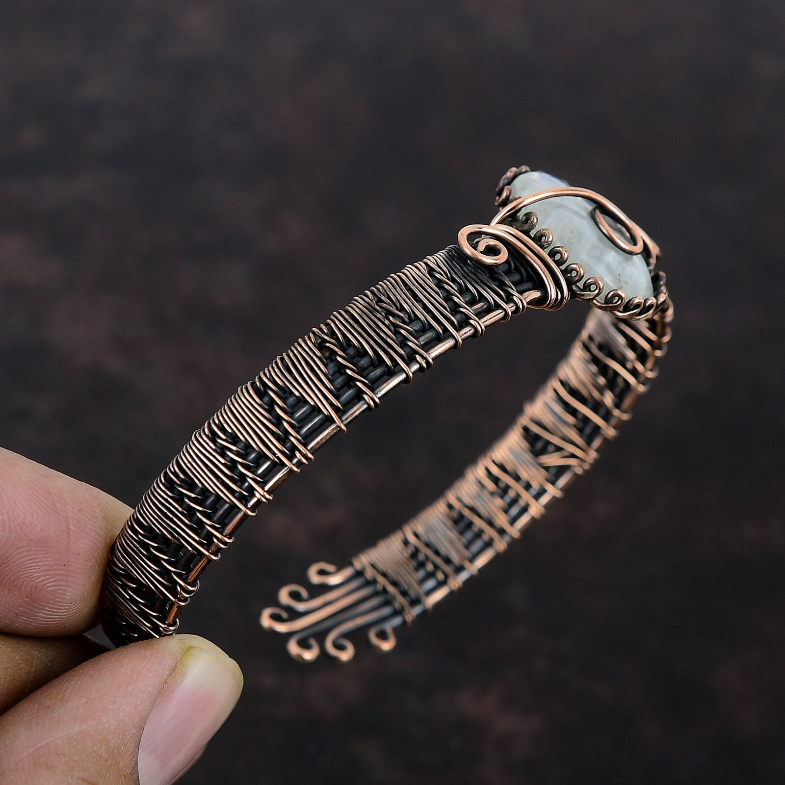 Rainbow Moonstone Wire Wrapped Adjustable Bangle Handcrafted Copper Partywear
