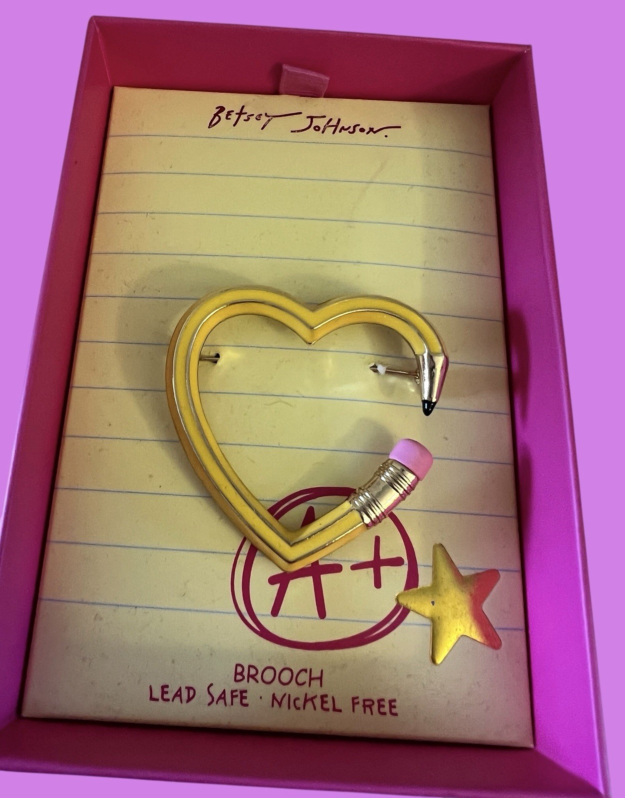 Betsey Johnson Brooch Heart Pencil Yellow With Star Accent NWT With Box