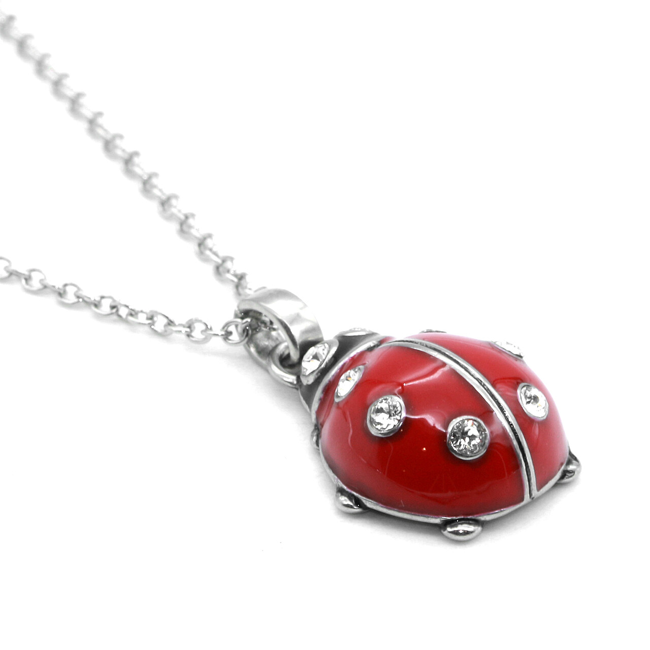 Ladybug Pendant Necklace Red Black Epoxy White Crystals Charm Necklace