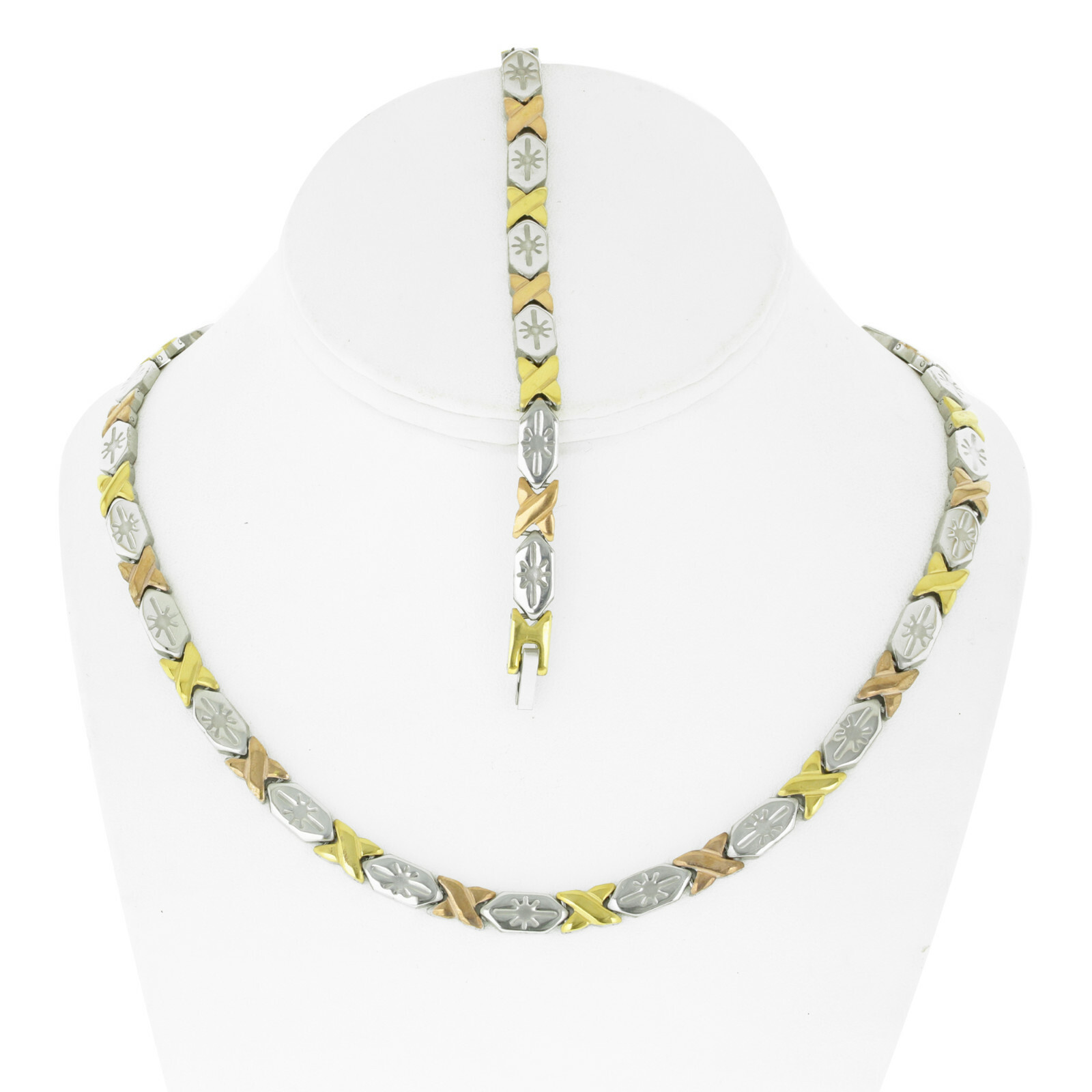Hugs & Kisses 8mm Necklace Bracelet Set Stampato Stainless Steel Tri Tone 18/20