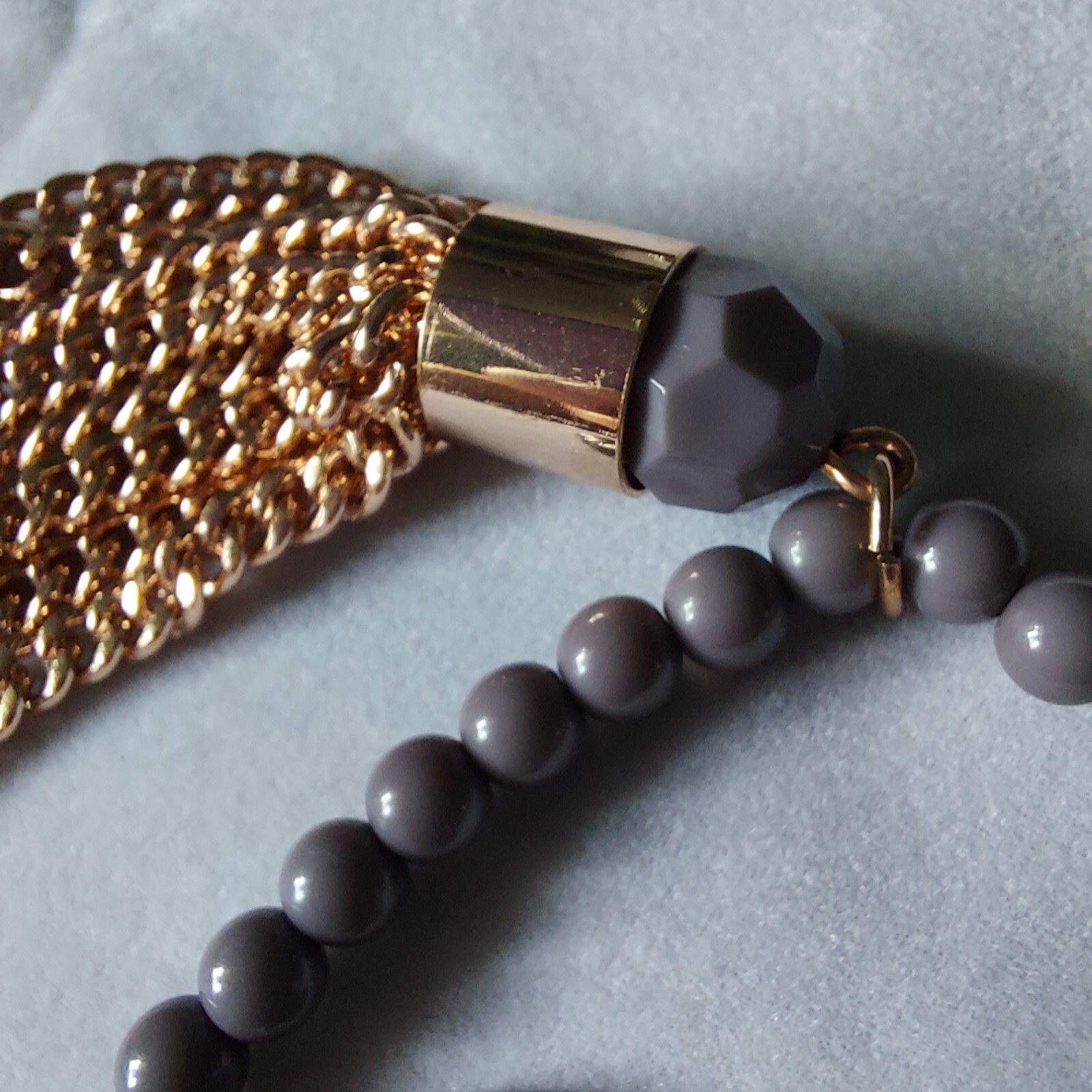 Golden Tassel Grey Beaded Necklace LONG 32″ 4.5 in Tassel Golden Accents