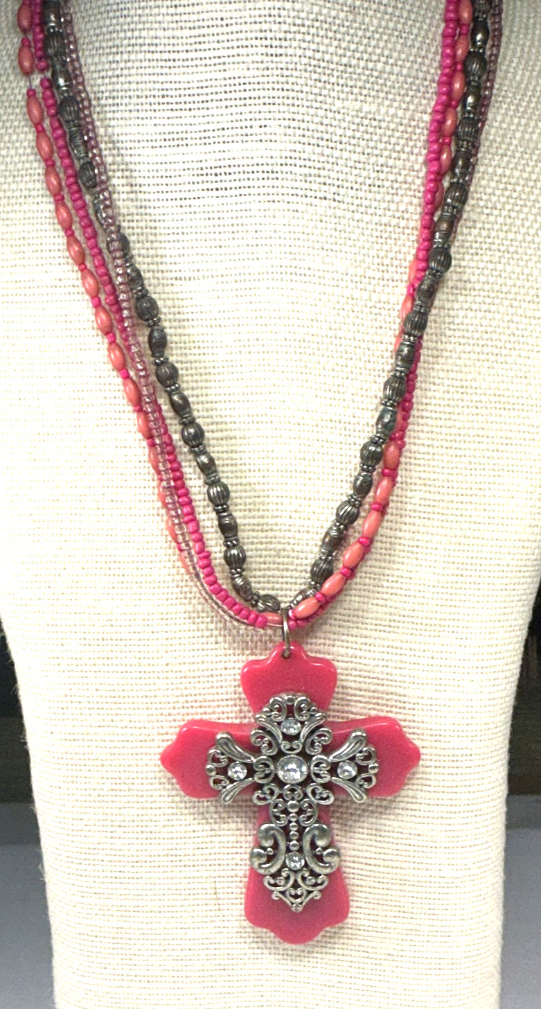 Fashion Necklace Salmon Pink Lucite Rhinestone Cross Silver Tone Pendant Lot 80A