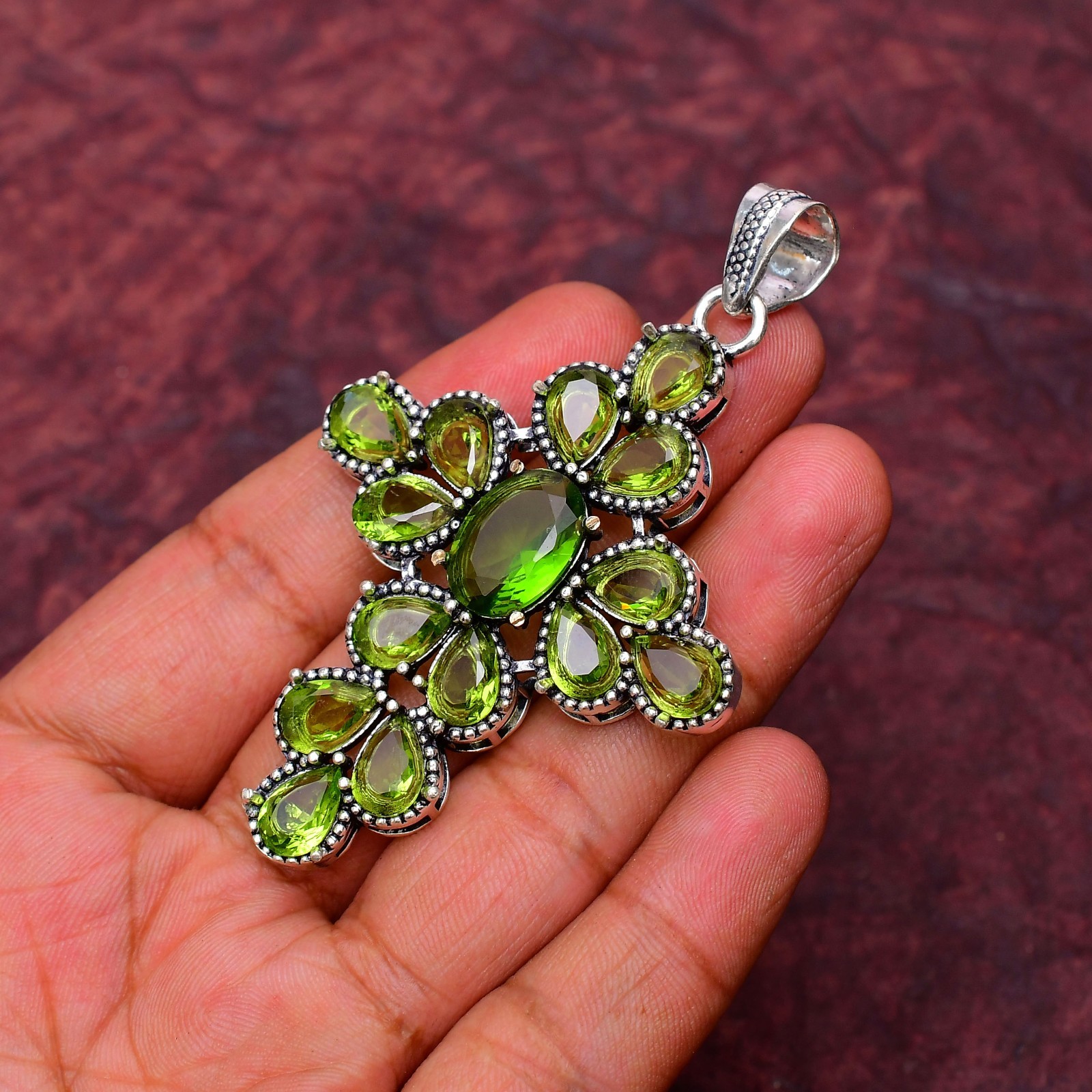 Peridot Gemstone 925 sterling silver Handmade Cross Pendant jewelry 2.75″