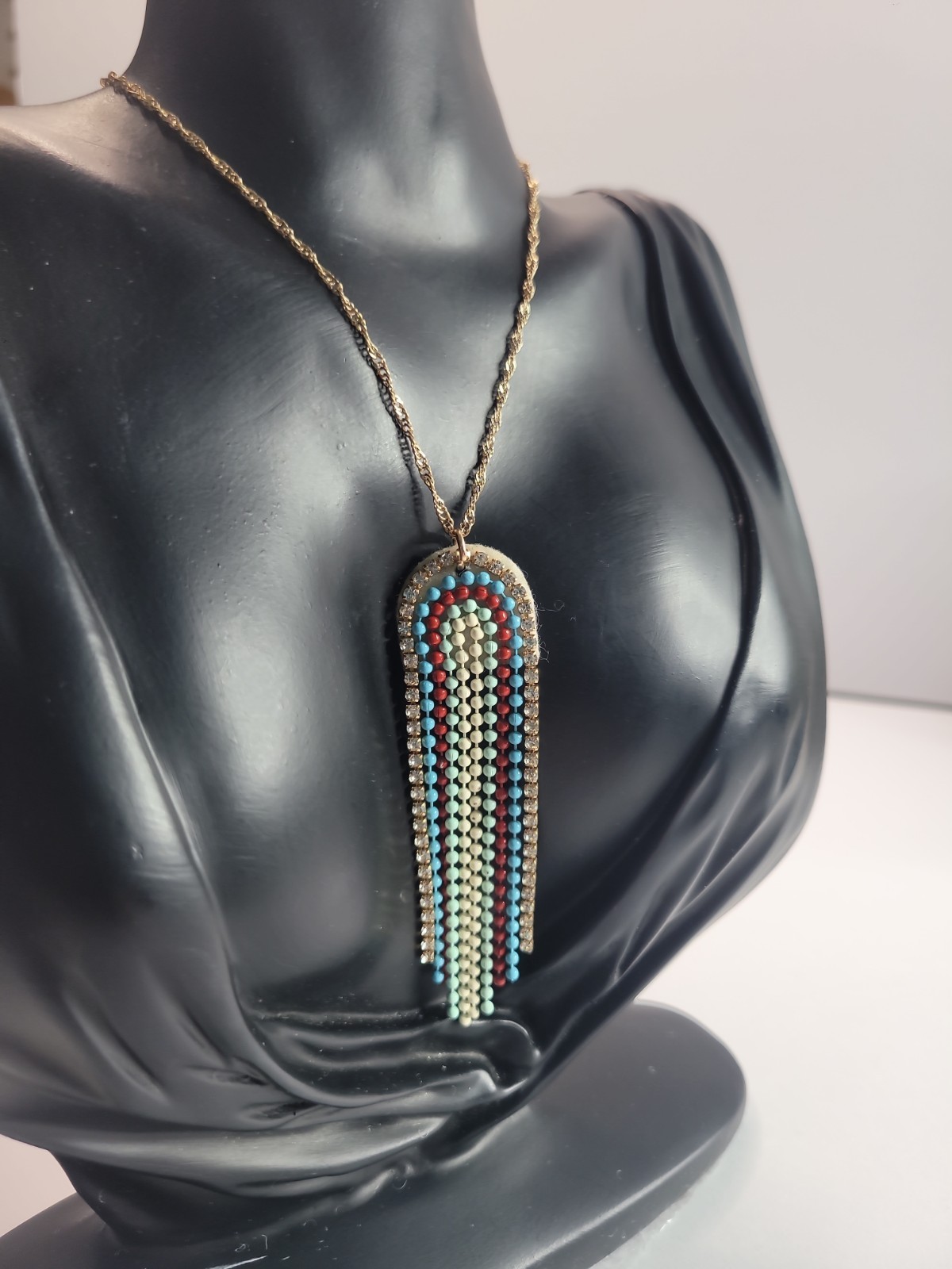 Boho Beaded Tassel Pendant Necklace Rhinestone Fringe Turquoise Red Gold Tone St