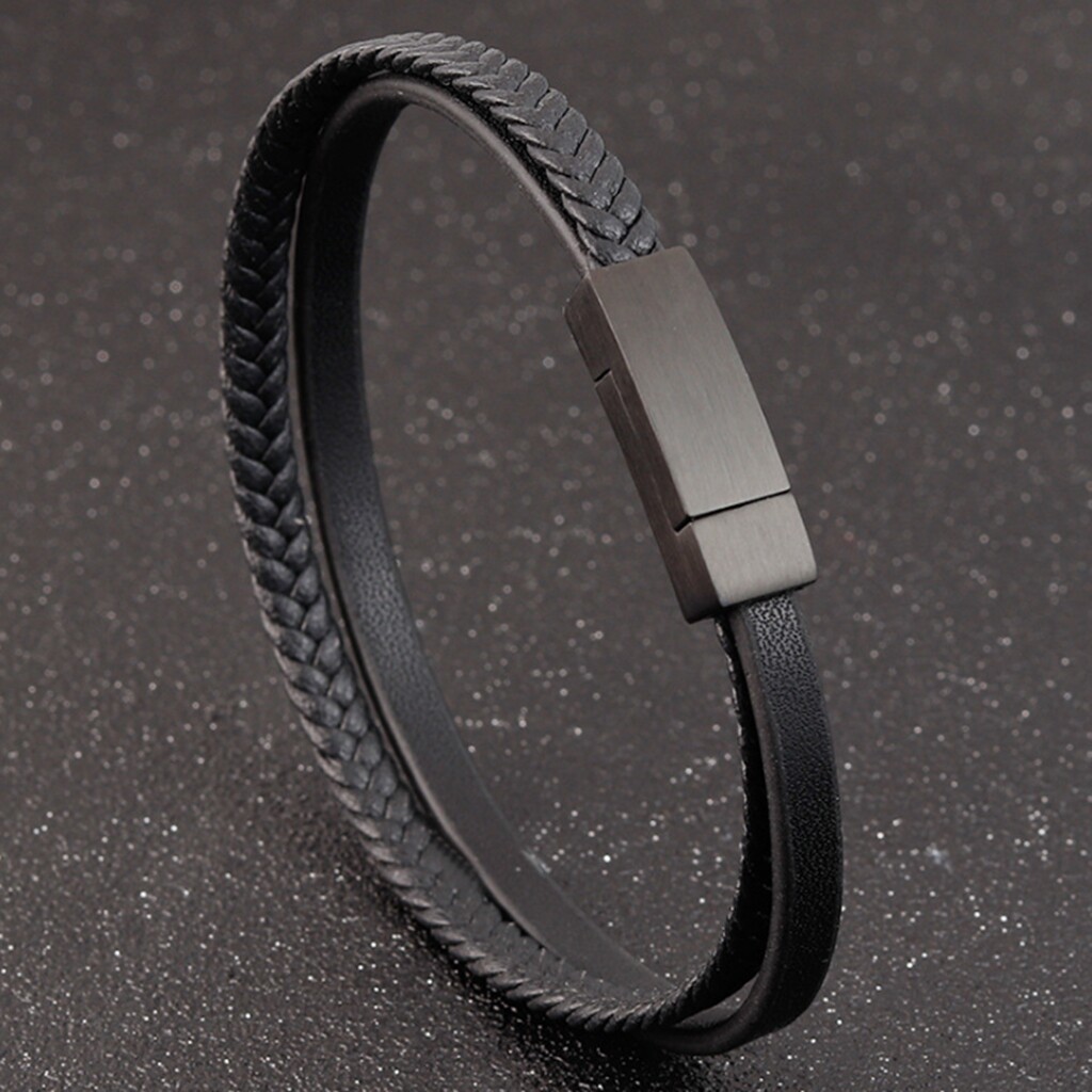 Men’s Women Black Braided 2 Bands Genuine Leather Bracelet Magnetic Bangle 8.2″