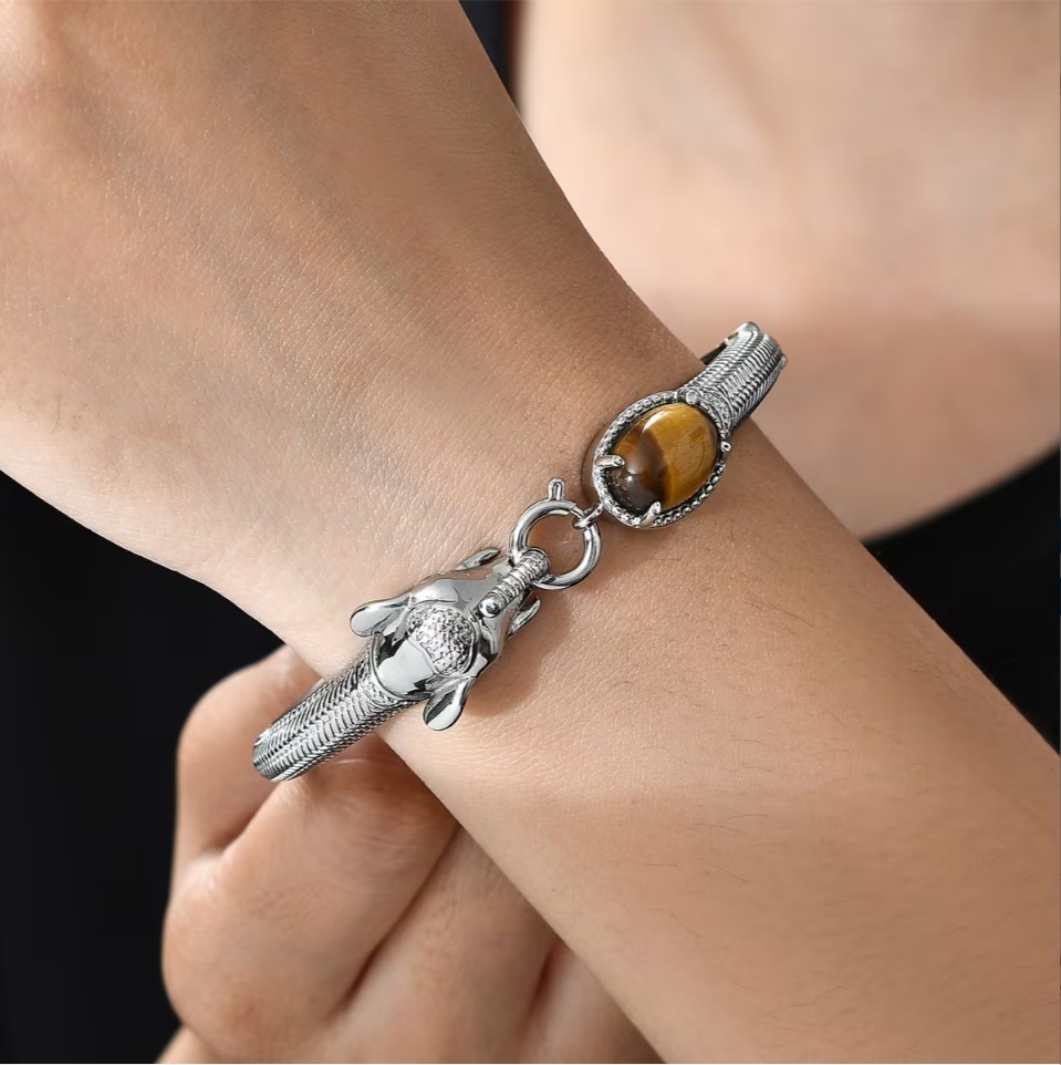 Tigers Eye 6.10 ctw Elephant Bangle Bracelet in Stainless Steel (8.00 In)