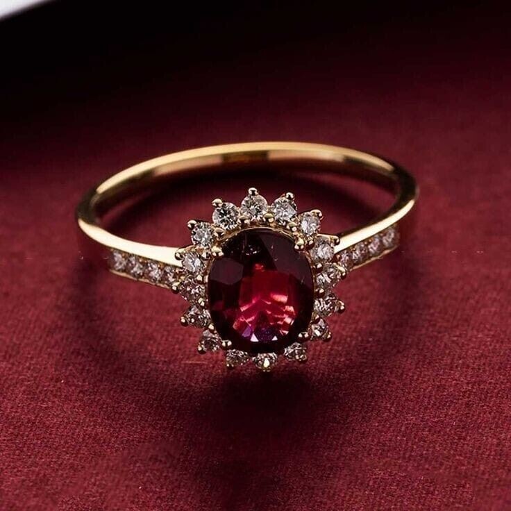Oval Cut Simulated Red Garnet Stunning Halo Wedding Ring 14k Yellow Gold Plated