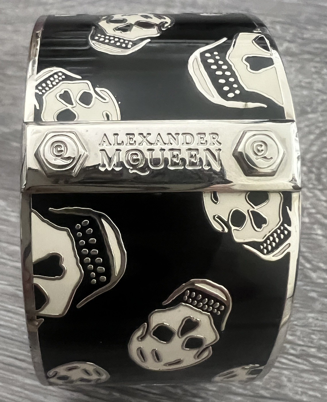Alexander McQueen Skull Logo Icon Black White Enamel Silver Cuff Bracelet