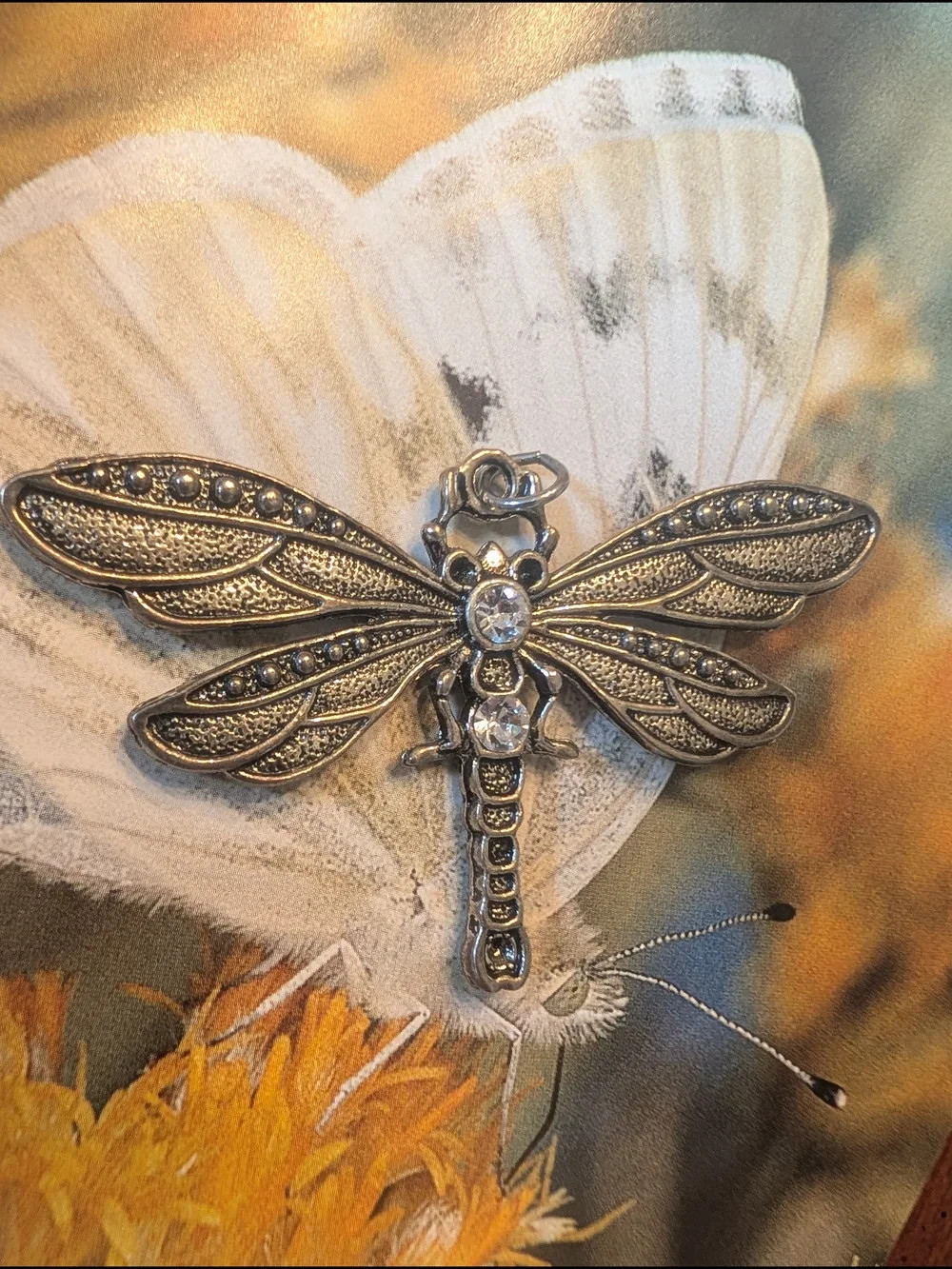 Silver 3 Inch Dragonfly Pendant with Clear Crystals
