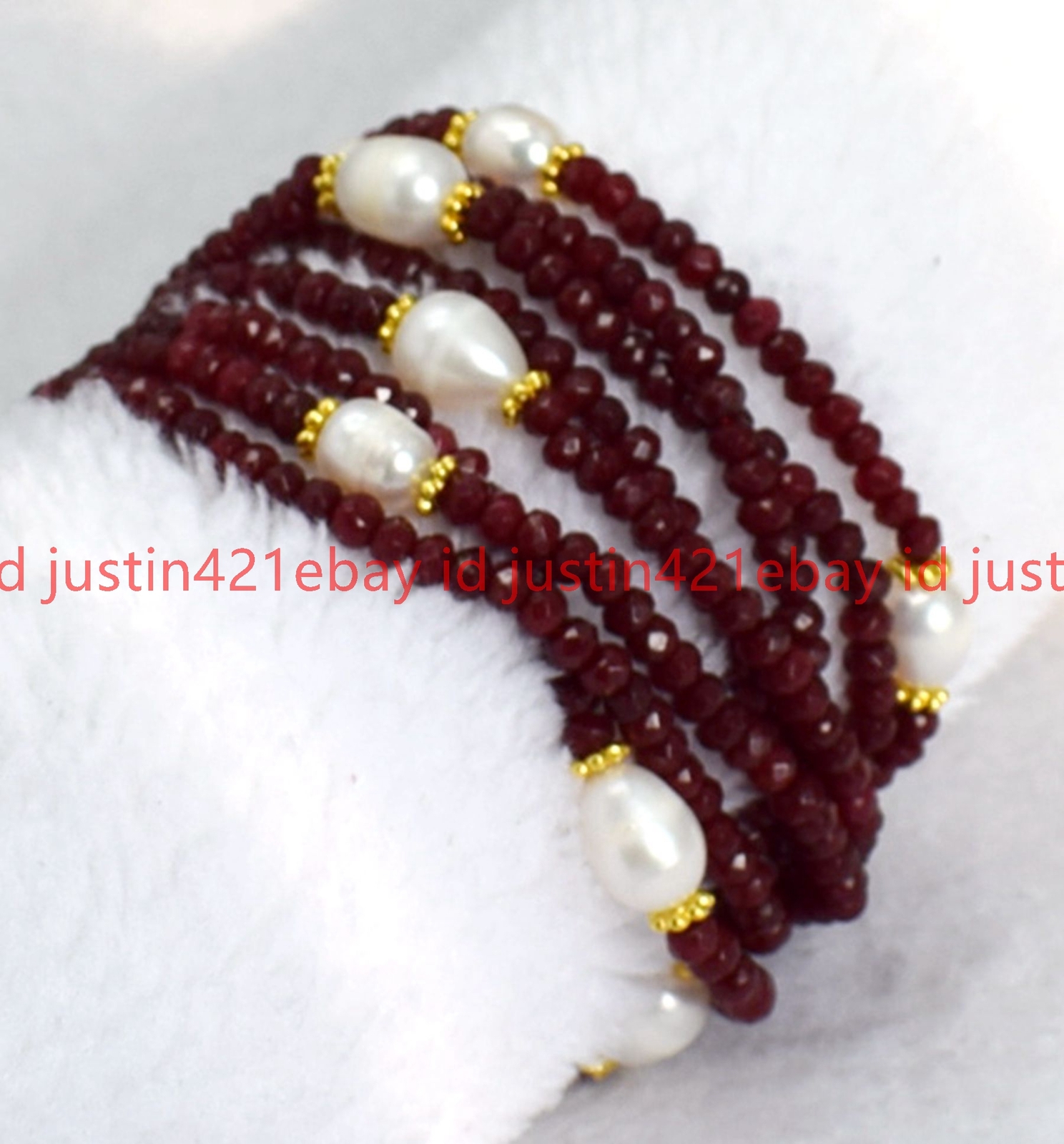 8 Rows 2x4mm Faceted Red Jade & Natural White 7-8mm Rice Pearl Bracelet 7.5″