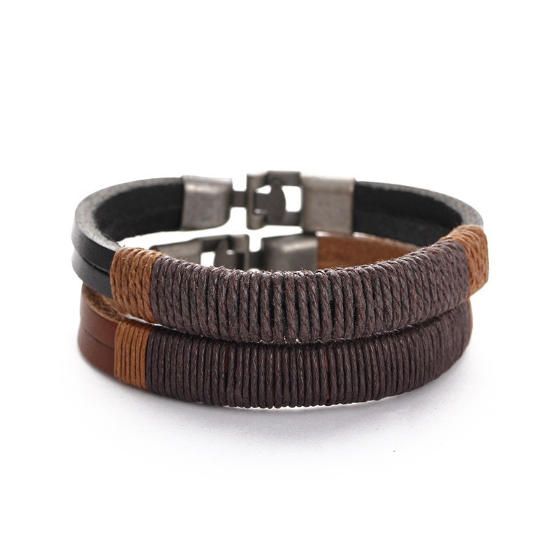 New Surfer Men’s Vintage Hemp Wrap Leather Wristband Bracelet Cuff Black Brown