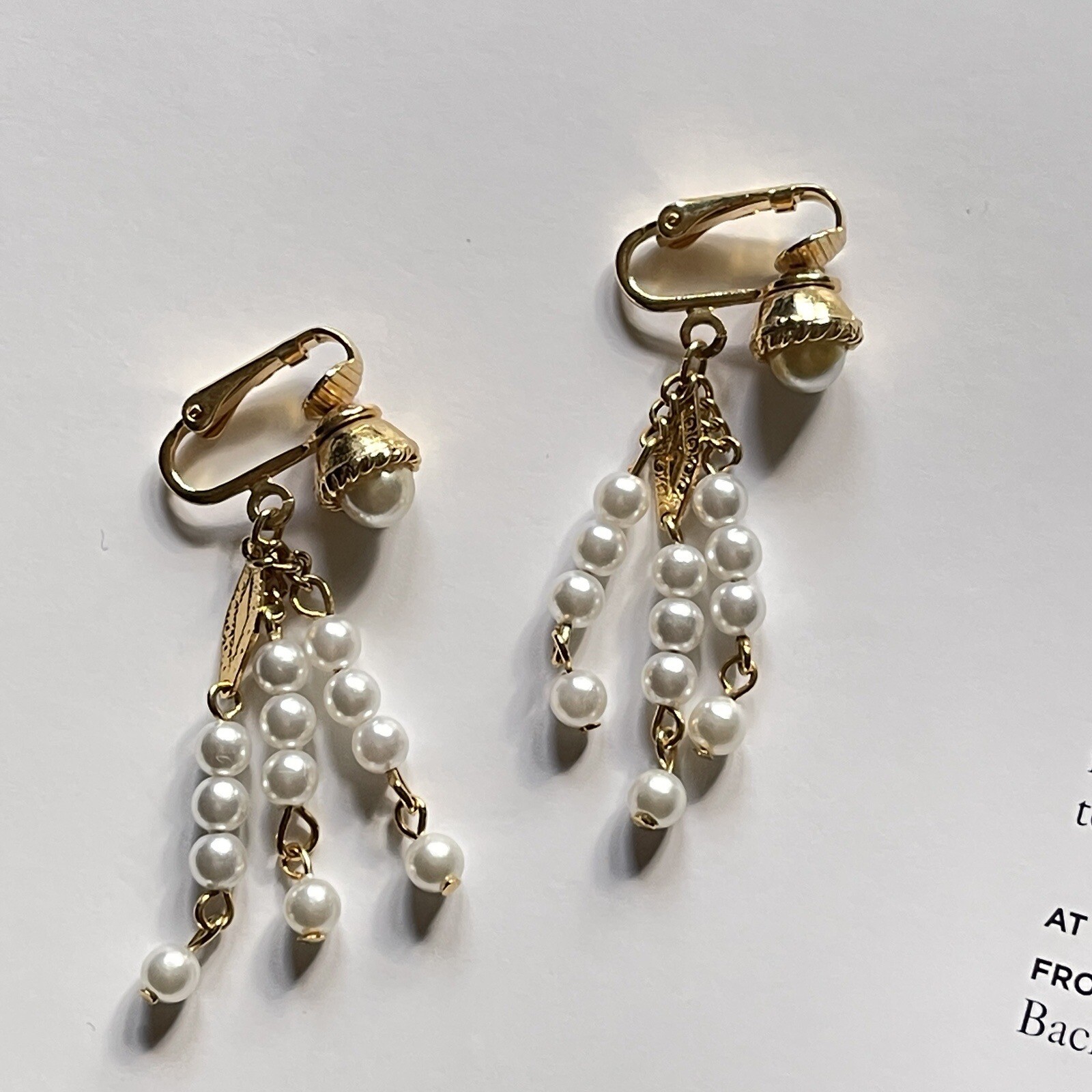 Vintage Faux Pearl Tassel Clip On Earrings Gold Tone Dangle Chandelier Statement