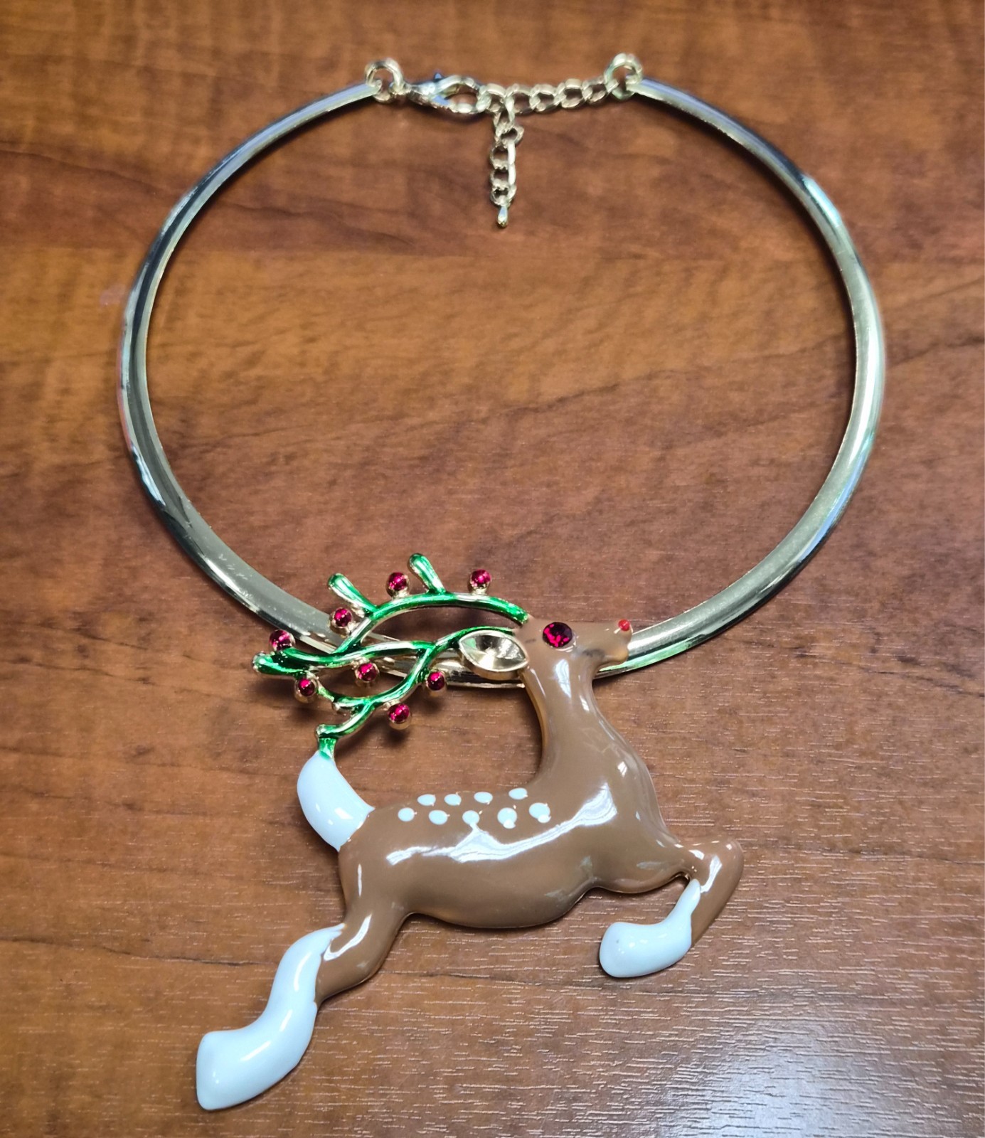Estate Christmas Rudolph Reindeer Enamel Pendant Gold Tone 18″ Collar Necklace