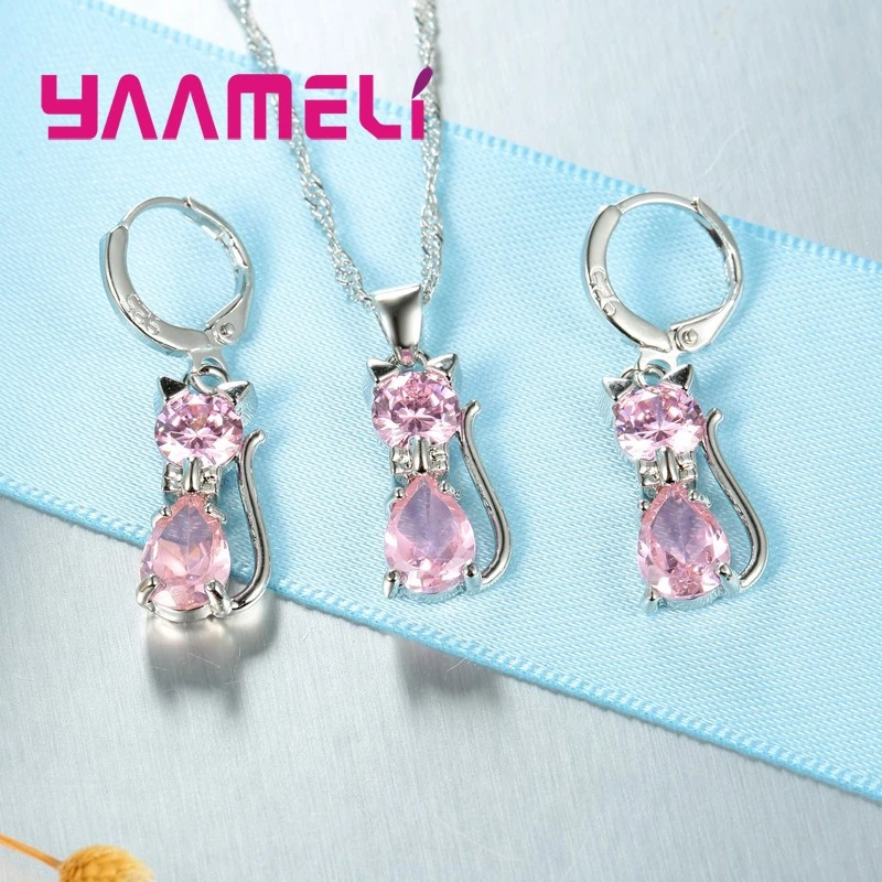 Silver Color Cat Pendant Necklace and Huggie Earrings Jewelry Set for Women Girl