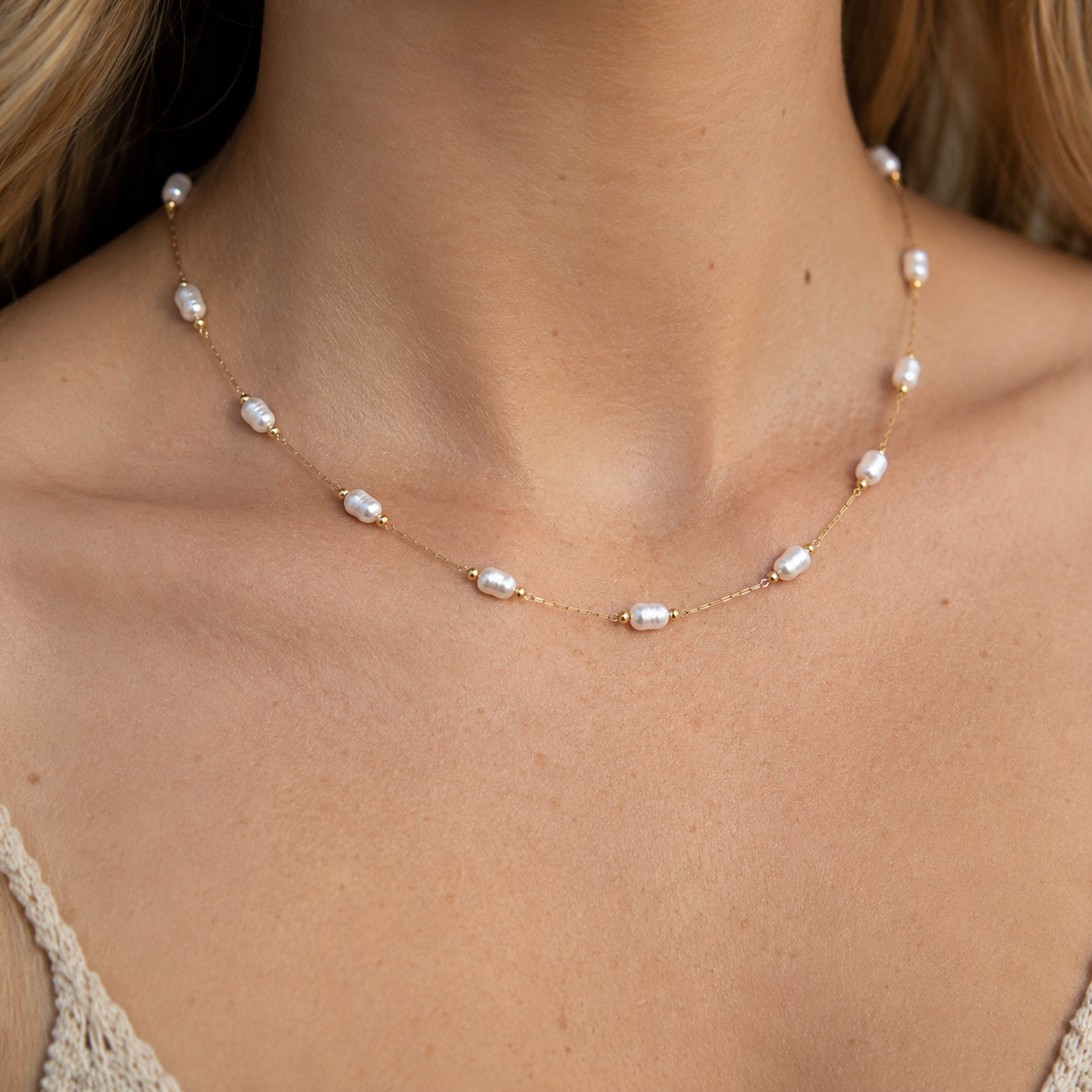 Dainty Pearl Station Necklace, Gold Pearl Choker, Minimalist Beaded