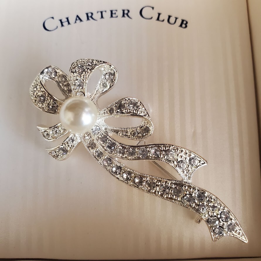 Charter Club Brooch Silver Tone with Faux Pearl and Crystal Accents New in Box